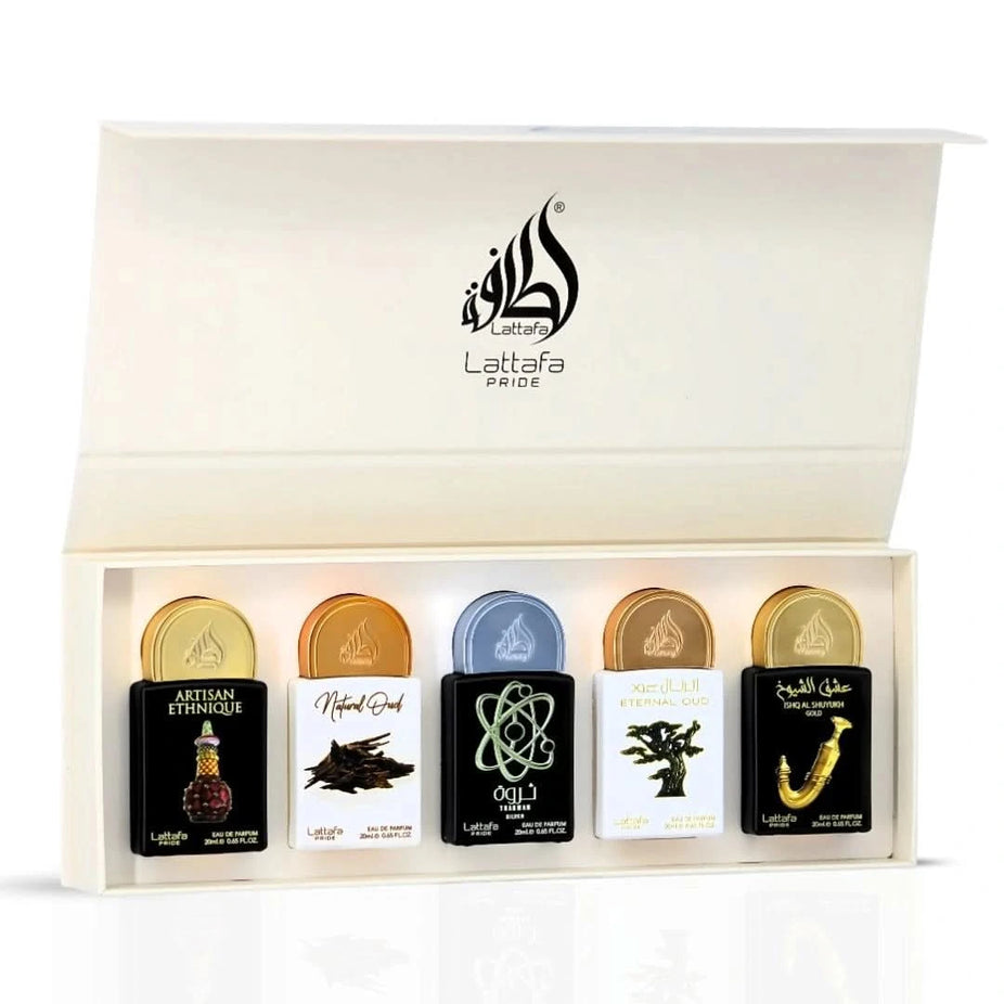 Lattafa Pride Eau de Parfum Gift Set Collection No.2 with five 20ml bottles, featuring diverse fragrances in a stylish gift box.