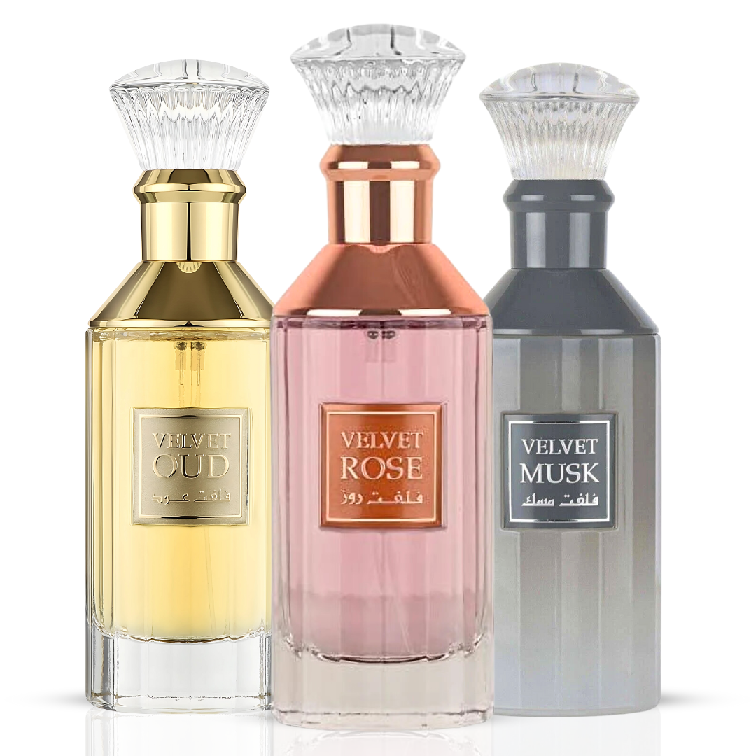 Velvet Oud, Velvet Rose & Velvet Musk Eau De Parfum Sprays 100ML (3.4 OZ) By Lattafa | A Luxurious Trio Of Rich Oud, Bold Florals & Soft Musk. (Bundle) - Intense Oud