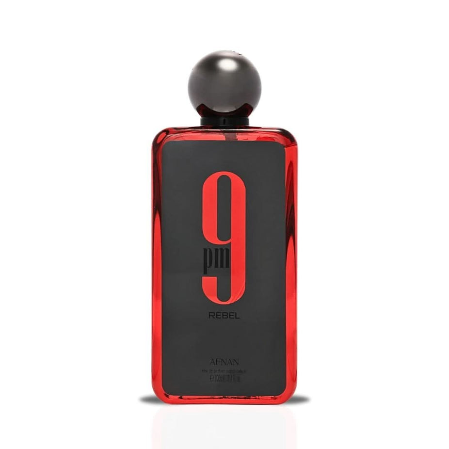 Afnan 9PM Rebel Eau de Parfum spray bottle, 100ml, with sleek packaging and fragrance details visible.