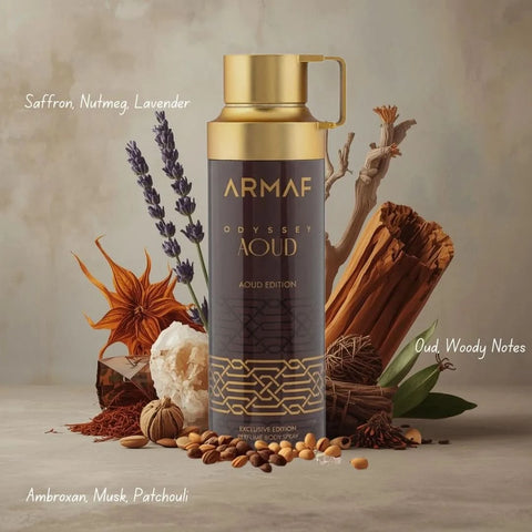 Odyssey Aoud deodorant spray by Armaf in 200ml bottle, featuring a sleek design and aromatic scent.