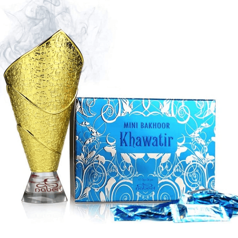 Nabeel Khawatir Mini Bakhoor set with three 36g packs of traditional aromatic incense for home use.