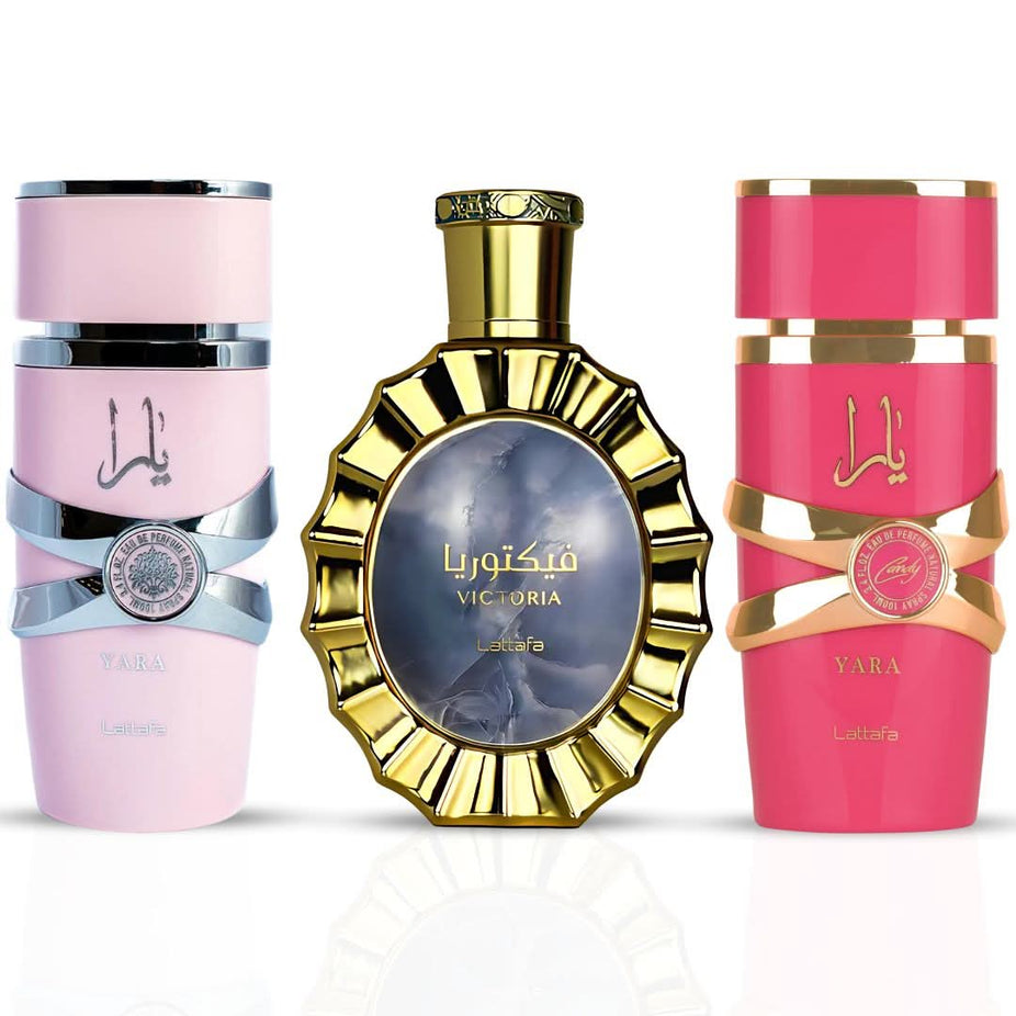 Lattafa Yara Candy & Victoria Eau de Parfum sprays 100ml bundle, featuring two elegant perfume bottles.