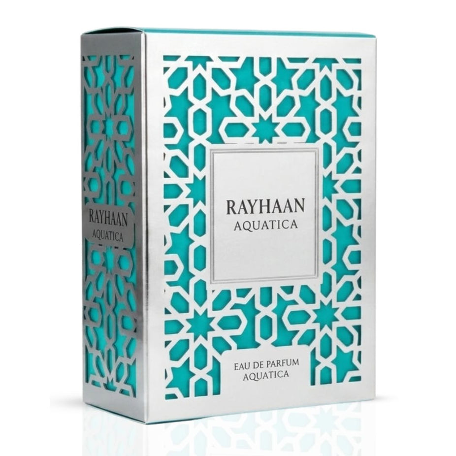Rayhaan Aquatica Eau de Parfum spray 100ml bottle, sleek design, featuring the Rayhaan brand and elegant packaging.