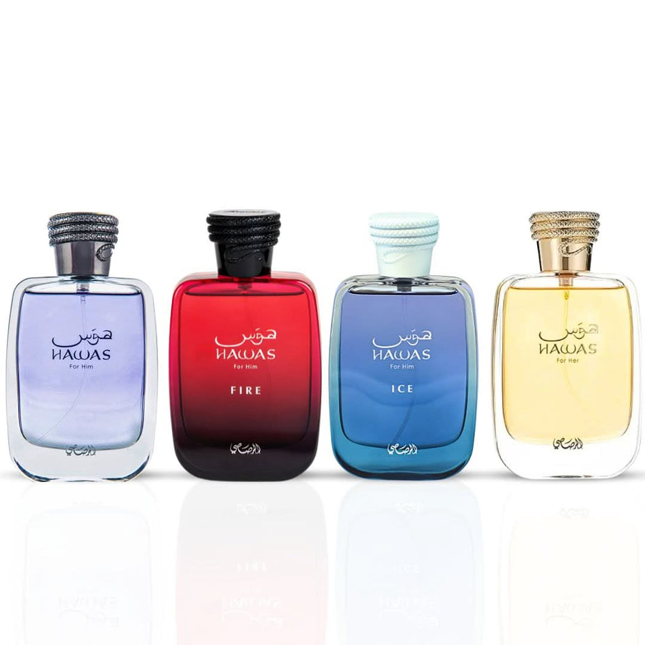 Rasasi Hawas for Him, Hawas Ice, Hawas Fire, and Hawas for Her Eau de Parfum collection bottles, 100ml each, displayed together.