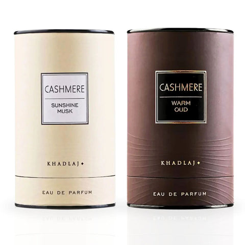 Khadlaj Cashmere Sunshine Musk and Warm Oud Eau de Parfum spray bundle, 100ml bottles with elegant packaging and perfume sprays.