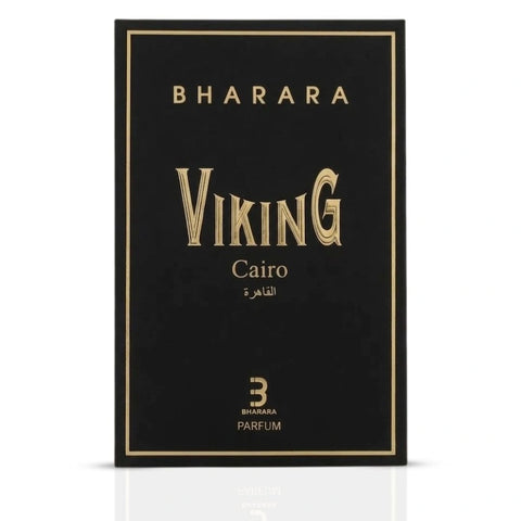 Bharara Viking Cairo Eau De Parfum spray 100ml bottle with intricate black and gold design, showcasing the Bharara brand.