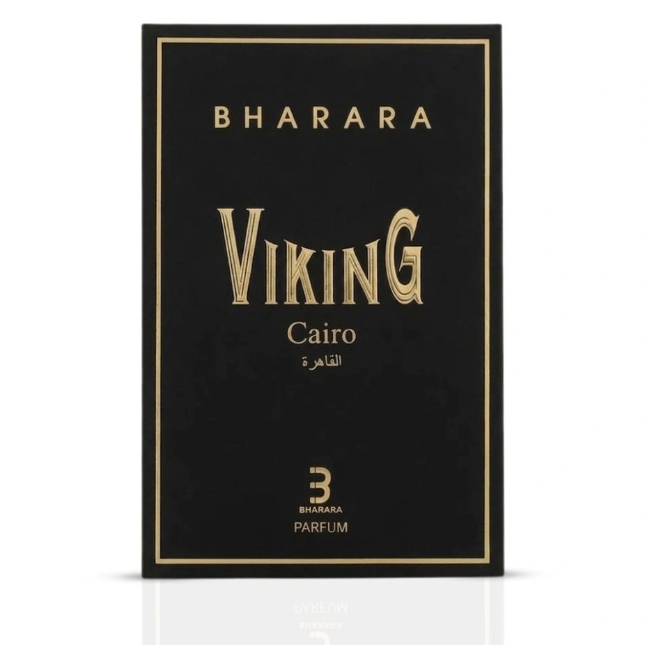 Bharara Viking Cairo Eau de Parfum spray bottle, 100ml, with sleek design and black cap, by Bharara.