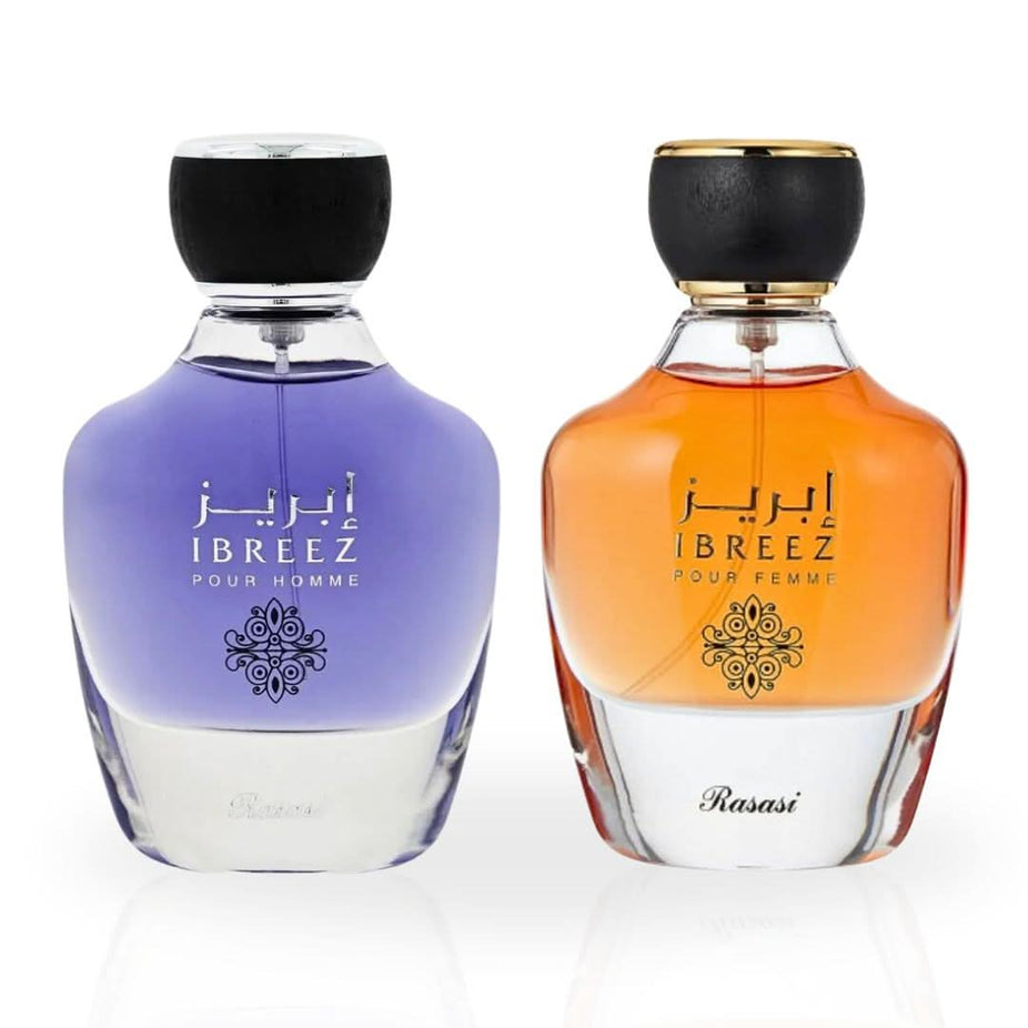 Rasasi Ibreez Pour Homme and Pour Femme Eau de Parfum sprays in 100ml bottles, shown in a bundle with their sleek packaging.