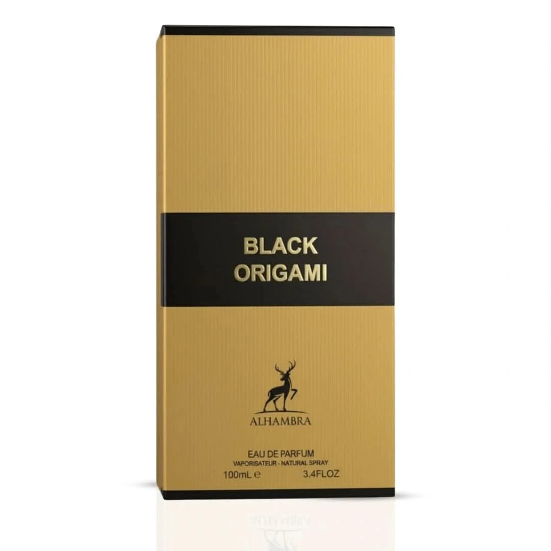 Black Origami Eau de Parfum spray by Maison Alhambra, 100ml bottle with sleek black packaging and elegant design.