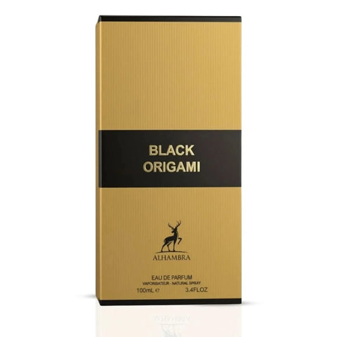 Black Origami Eau de Parfum spray by Maison Alhambra, 100ml bottle with sleek black packaging and elegant design.
