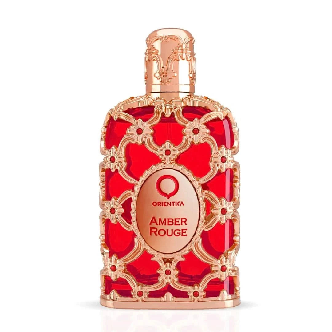 Amber Rouge Eau de Parfum Spray by Orientica, 80ml bottle, featuring a sleek design and amber-colored liquid.