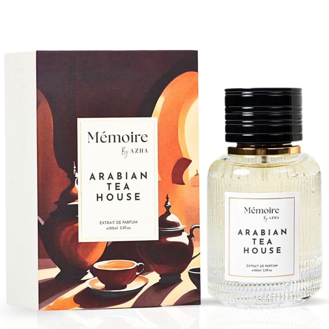 Bundle of Azha Arabian Tea House & Baklava parfum spray bottles from the Memoire Collection, showcasing elegant 100ml perfume packaging.