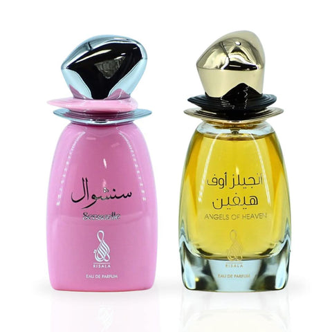 Bundle of two RISALA Sensuelle & Angels of Heaven Eau de Parfum sprays, 100ml each, with elegant bottle designs.