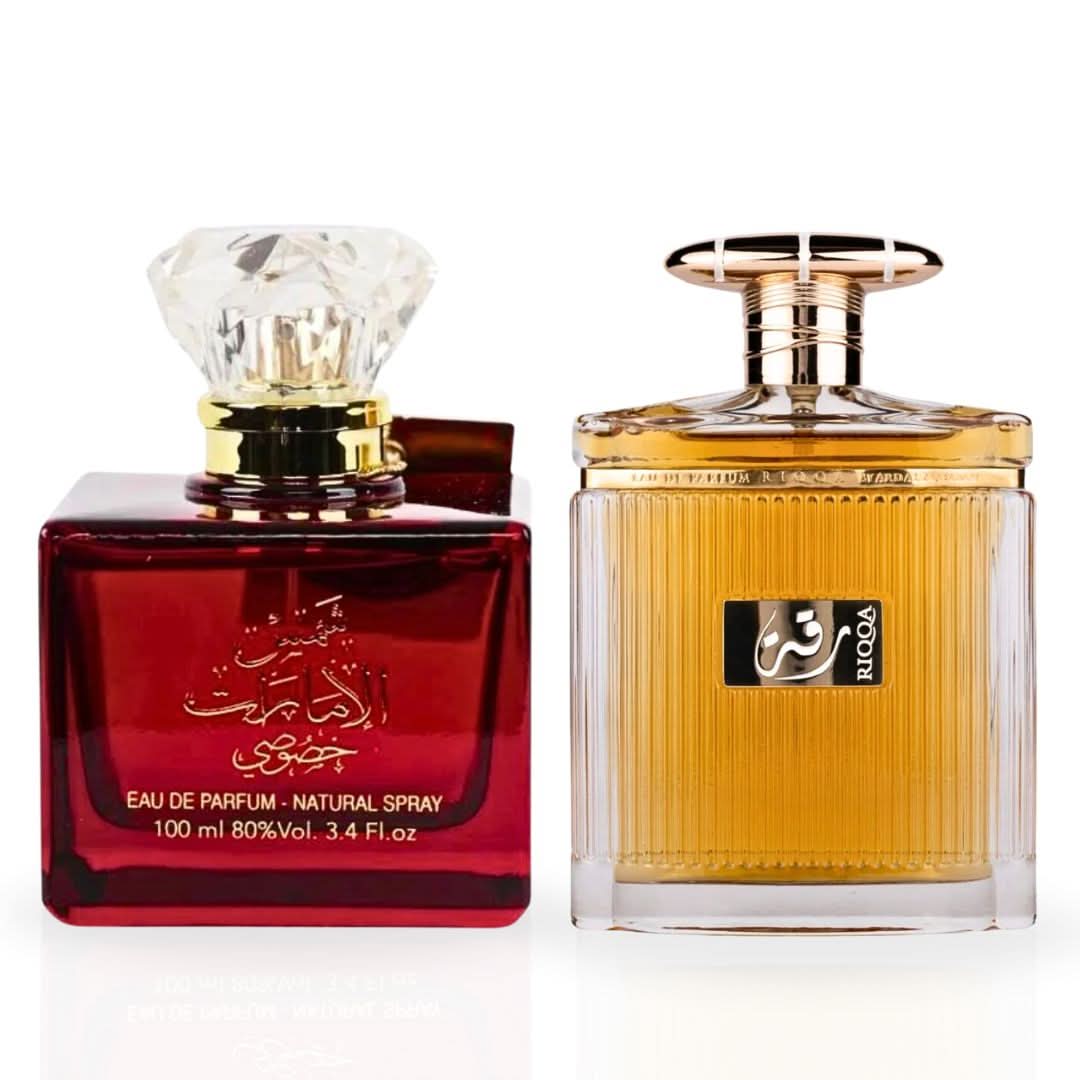Bundle of two Ard Al Zaafaran Khususi Eau de Parfum sprays, 100ml, featuring elegant glass bottles with floral and oriental fragrance designs.