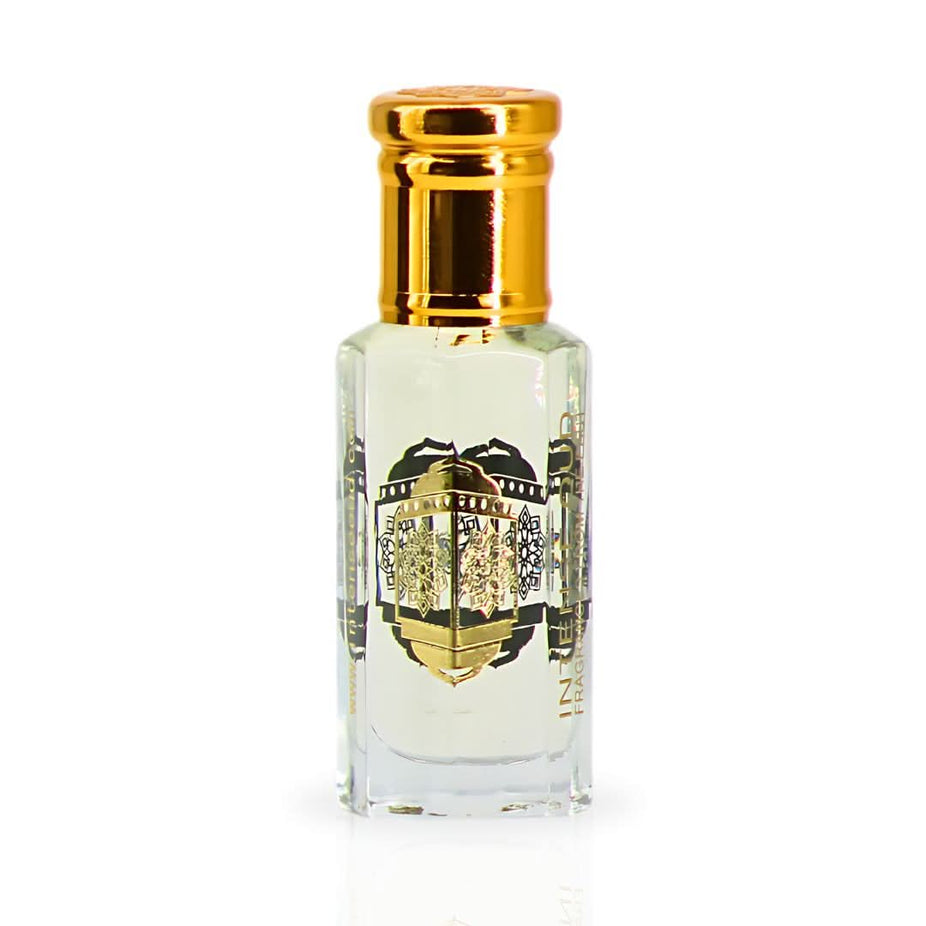 Intense Oud Cool Bleu men's perfume oil in a 12ml bottle, displayed with a black gift box and a sleek glass container.