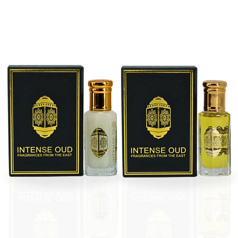 Bundle of Boss for Men and Musk Tahara perfume oils by Intense Oud in 12ml bottles with black gift box, featuring elegant packaging.