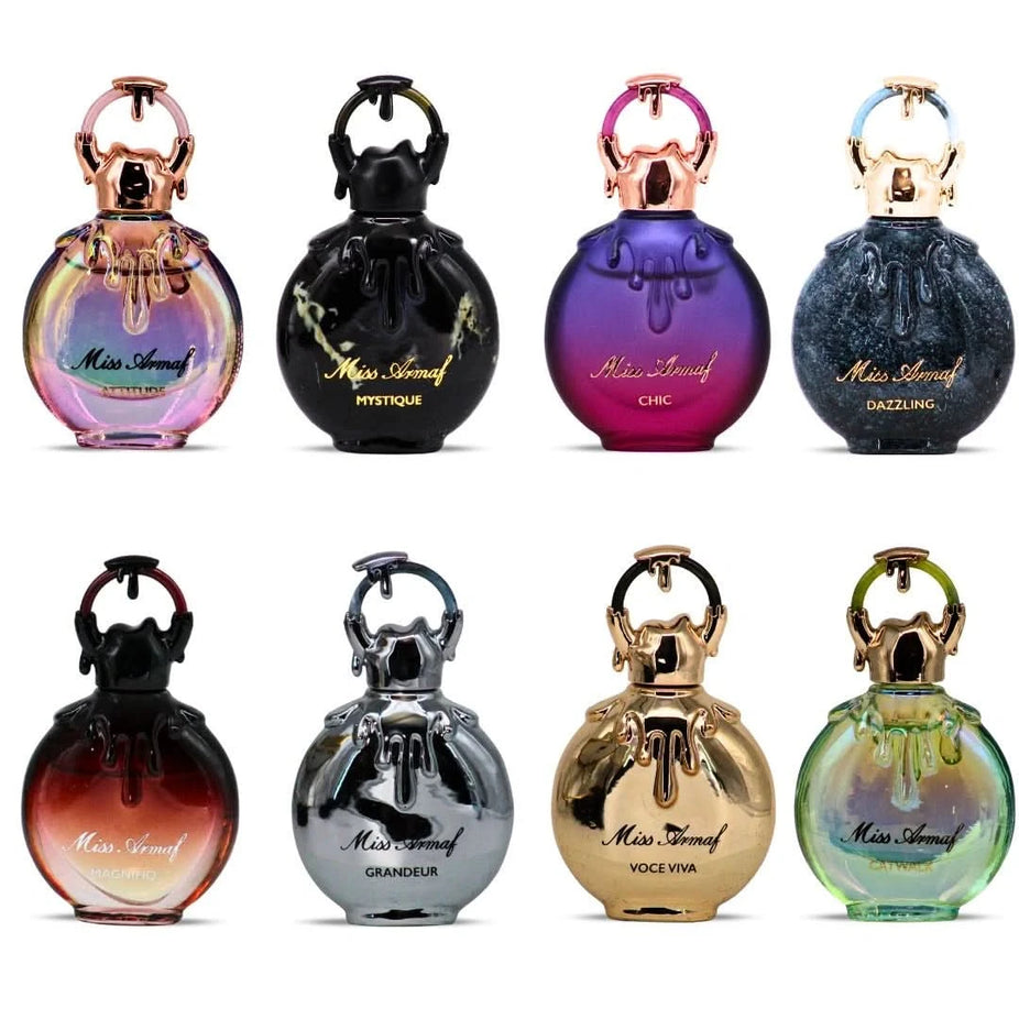 Armaf Miss Armaf parfum discovery set with eight 5ml eau de parfum bottles in a stylish gift box.