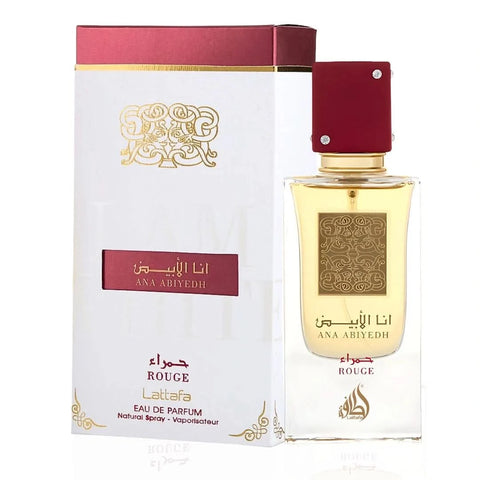 Lattafa Ana Abiyedh Poudree and Ana Abiyedh Rouge Eau de Parfum sprays, 60ml bundle, featuring elegant perfume bottles.