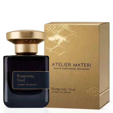 Burgundy Oud Extrait de Parfum spray by Atelier Materi, 50ml EDP bottle with elegant design and deep burgundy hue.
