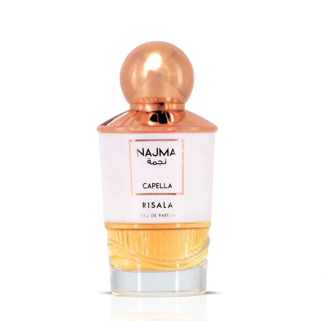 Najma Capella Eau de Parfum Spray by Risala, 100ml, featuring a sleek perfume bottle with elegant branding and a sophisticated design.