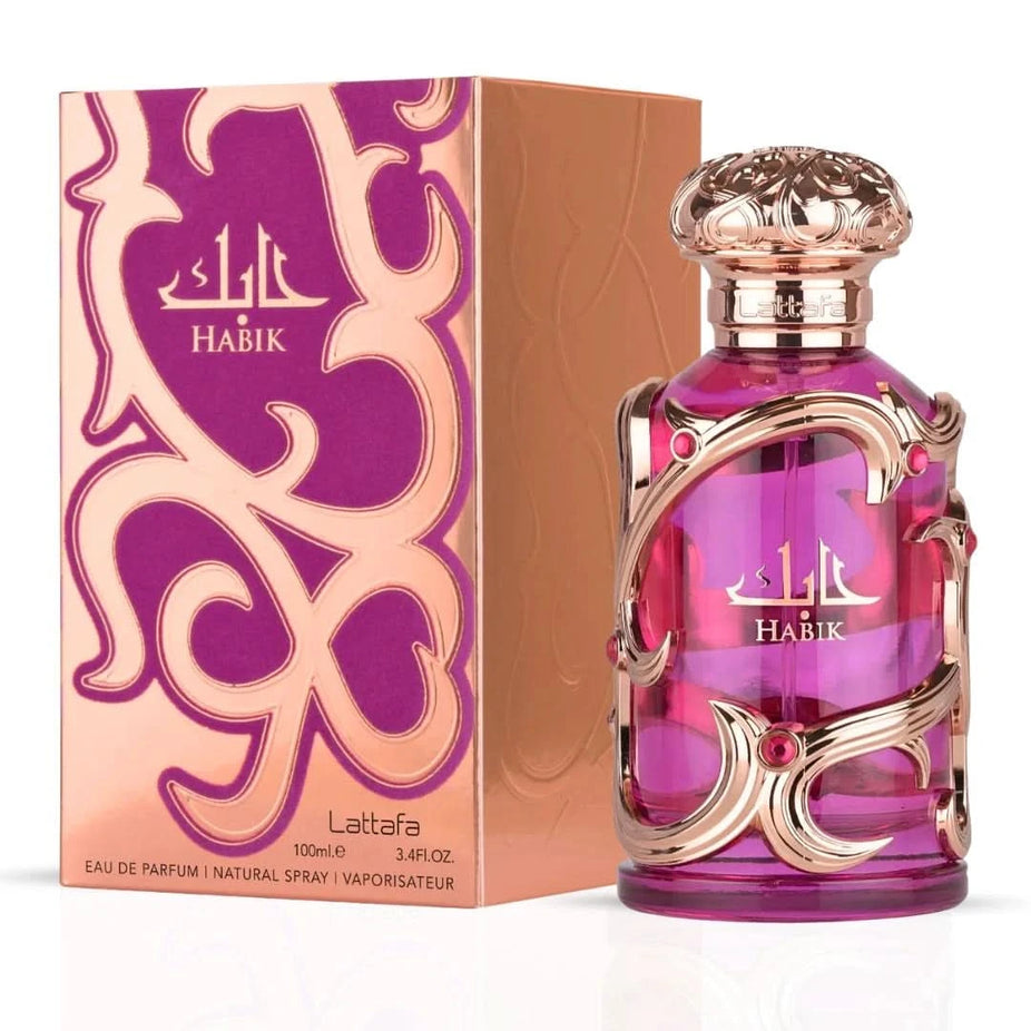 Bundle of Habik for Women by Lattafa and Meethaq Extrait De Rouge by Ard Al Zaafaran in 100ml bottles, displayed side by side.