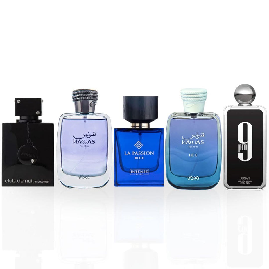 Intense Oud Hawas Men, Hawas Ice, 9PM, Club De Nuit Intense & La Passion Blue Eau De Parfum sprays for men, featuring sleek bottles.