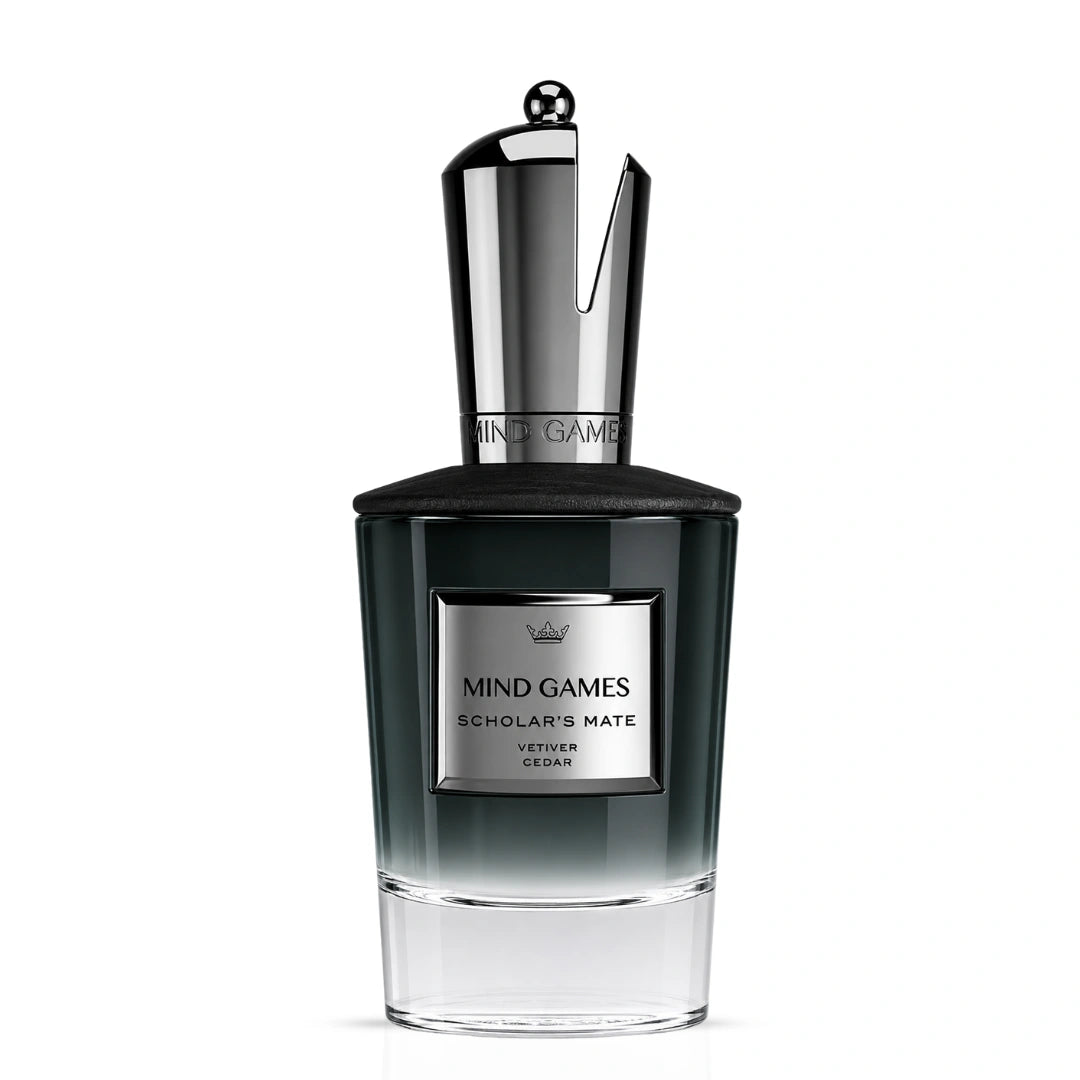 Mind Games Scholar’s Mate Extrait de Parfum 100ml EDP bottle with elegant label and cap, showcasing a luxurious fragrance container.