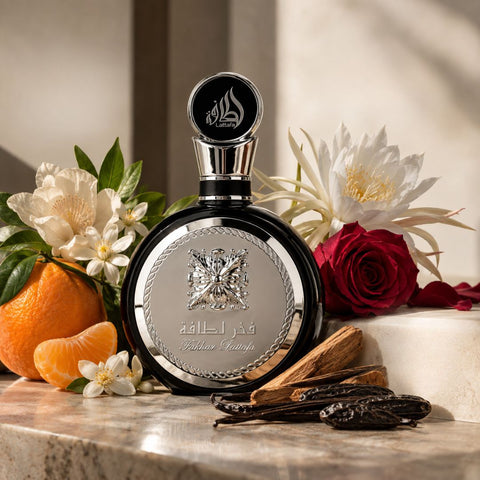 Bundle of men's Eau de Parfum sprays including Fakhar Men, Fayiz, Hawas Men, Club de Nuit Intense, and Junoon Desire by Aura, 100ml each.