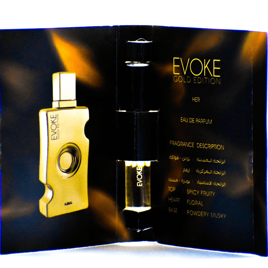 Ajmal Evoke Gold Edition EDP sample for women, 1ml, featuring a small perfume vial with gold accents and a clear glass bottle.