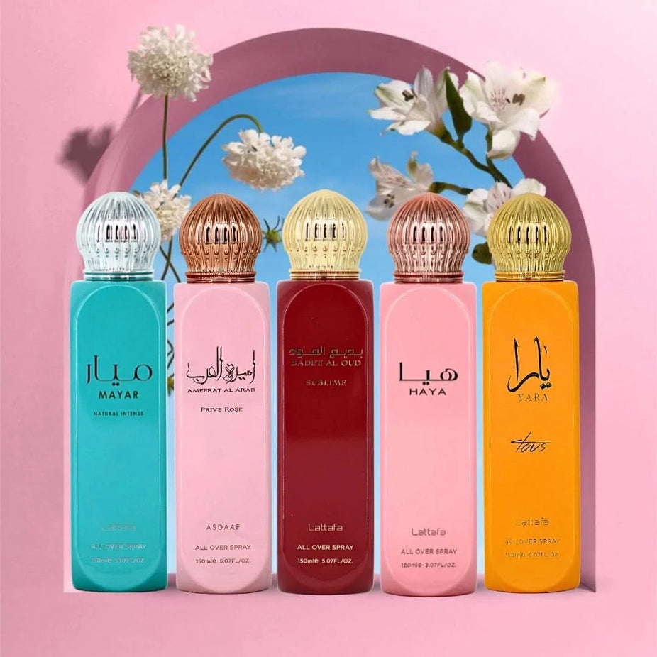 Lattafa Bade'e Al Oud Sublime, Yara Tous, Haya, Ameerat Al Arab Prive Rose & Mayar all-over spray bundle, 150ml each