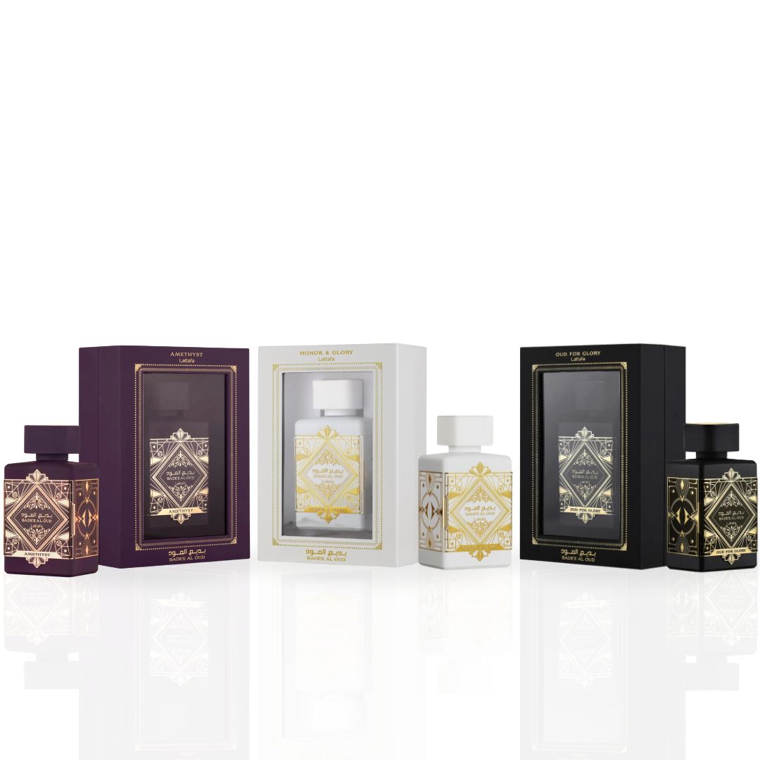 Bad'ee Al Oud Glory, Bad'ee Al Oud Amethyst & Bade’e Al Oud Honor & Glory EDP Sprays 100ML (3.4 OZ) By Lattafa | Three Captivating Scents, One Unforgettable You. (VALUE PACK) - Intense Oud