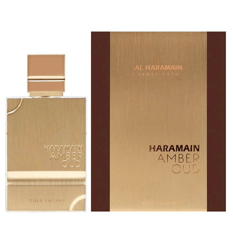 Al Haramain Amber Oud Gold Edition Eau de Parfum spray bottle, 60ml, with gold accents and amber-colored liquid.