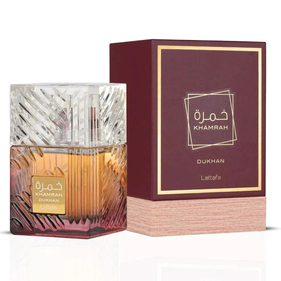 Lattafa Khamrah Dukhan and Naif Eau de Parfum sprays in 100ml bundle, featuring elegant bottles with floral and spicy fragrance notes.