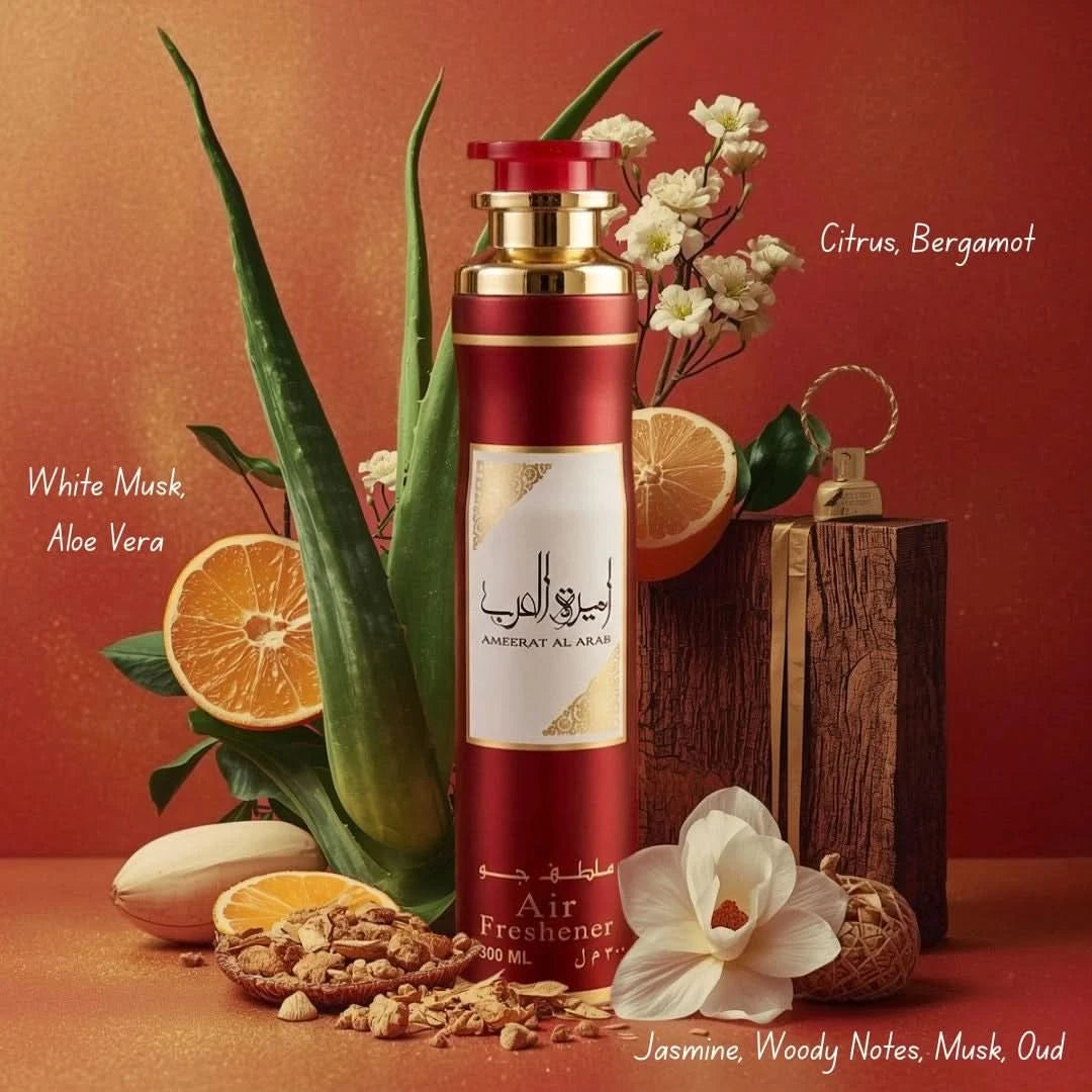 Lattafa Ameerat Al Arab air freshener spray 300ml, showcasing the sleek bottle design and floral fragrance label.
