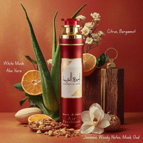 Lattafa Ameerat Al Arab air freshener spray 300ml, showcasing the sleek bottle design and floral fragrance label.