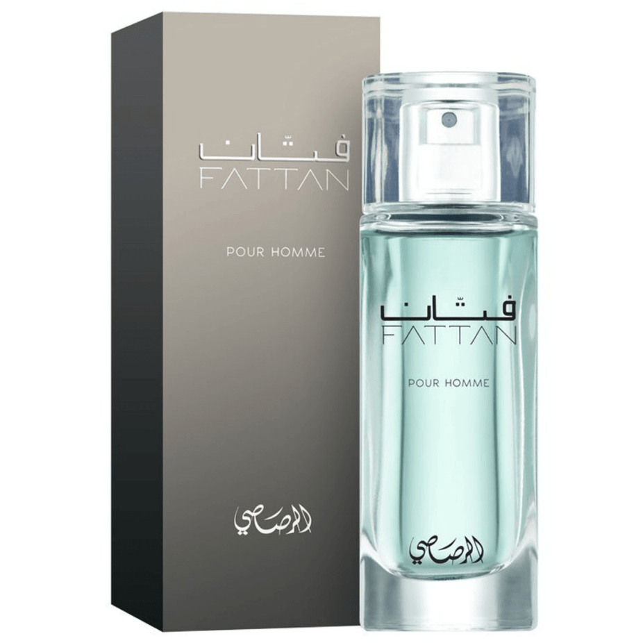 Fattan for Men Eau de Parfum spray by Rasasi, 50ml bottle, elegant packaging, showcasing the fragrance bottle and design.