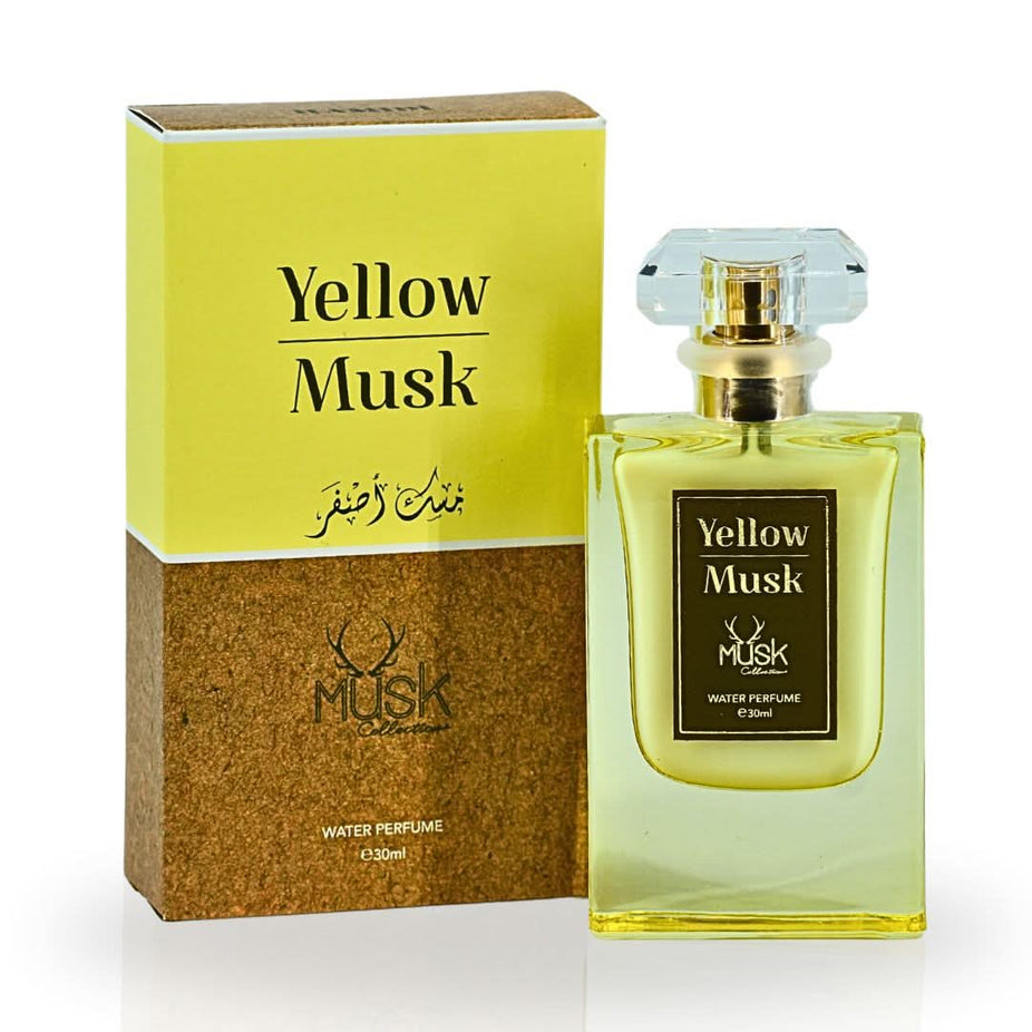 Hamidi Yellow Musk Water Perfume Spray 30ML bottle with vibrant yellow label and spray nozzle, showcasing a refreshing, floral fragrance.