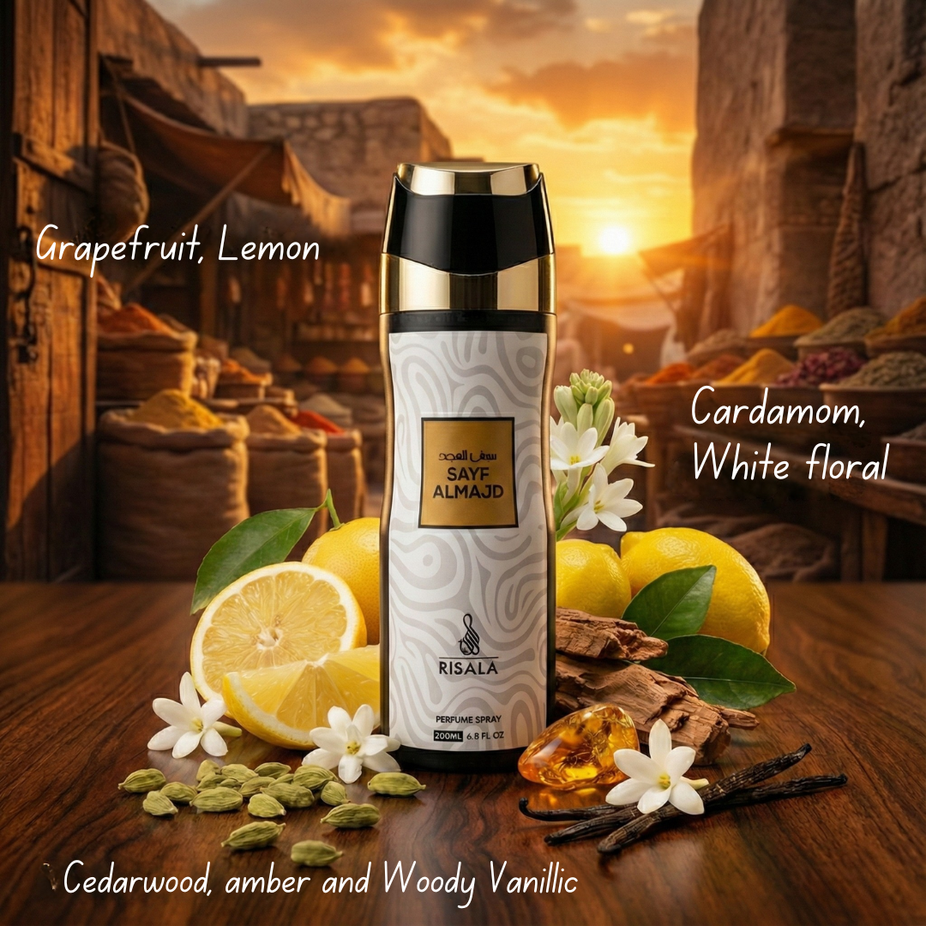 RISALA Sayf Almajd perfumed body spray 200ml deodorant bottle with elegant packaging and label design.