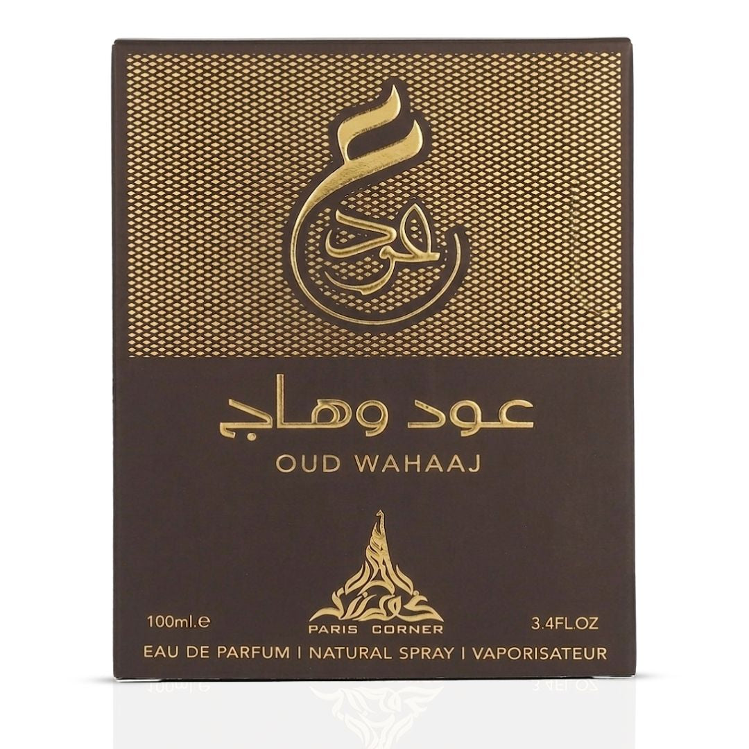Paris Corner Oud Wahaaj Eau de Parfum Spray 100ml bottle with elegant design and fragrance details visible.