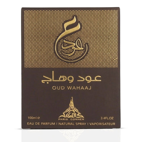Paris Corner Oud Wahaaj Eau de Parfum Spray 100ml bottle with elegant design and fragrance details visible.
