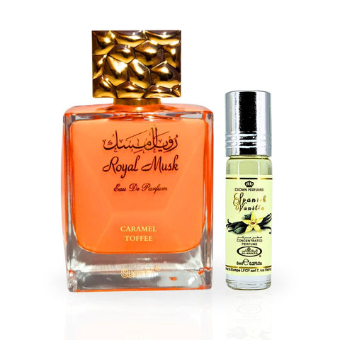 Royal Musk Caramel Toffee EDP Spray 100ML (3.4 OZ) By Surrati & Spanish Vanilla Perfume Oil 6ML (0.2 OZ) By Al Rehab | Sweet, Creamy & Indulgent Scents.  (BUNDLE) - Intense Oud