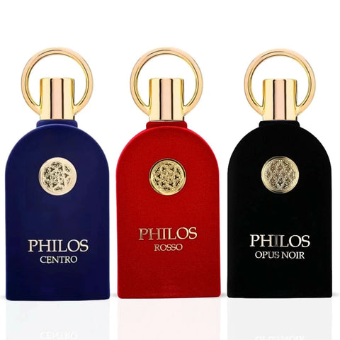 Bundle of Maison Alhambra Philos Eau de Parfum sprays including Philos Centro, Opus Noir, and Noir in 100ml bottles.