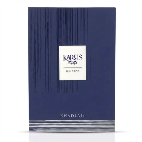 Karus Blu Spice Eau de Parfum spray by Khadlaj, 100ml bottle with a sleek blue and silver design, displayed on a neutral background.