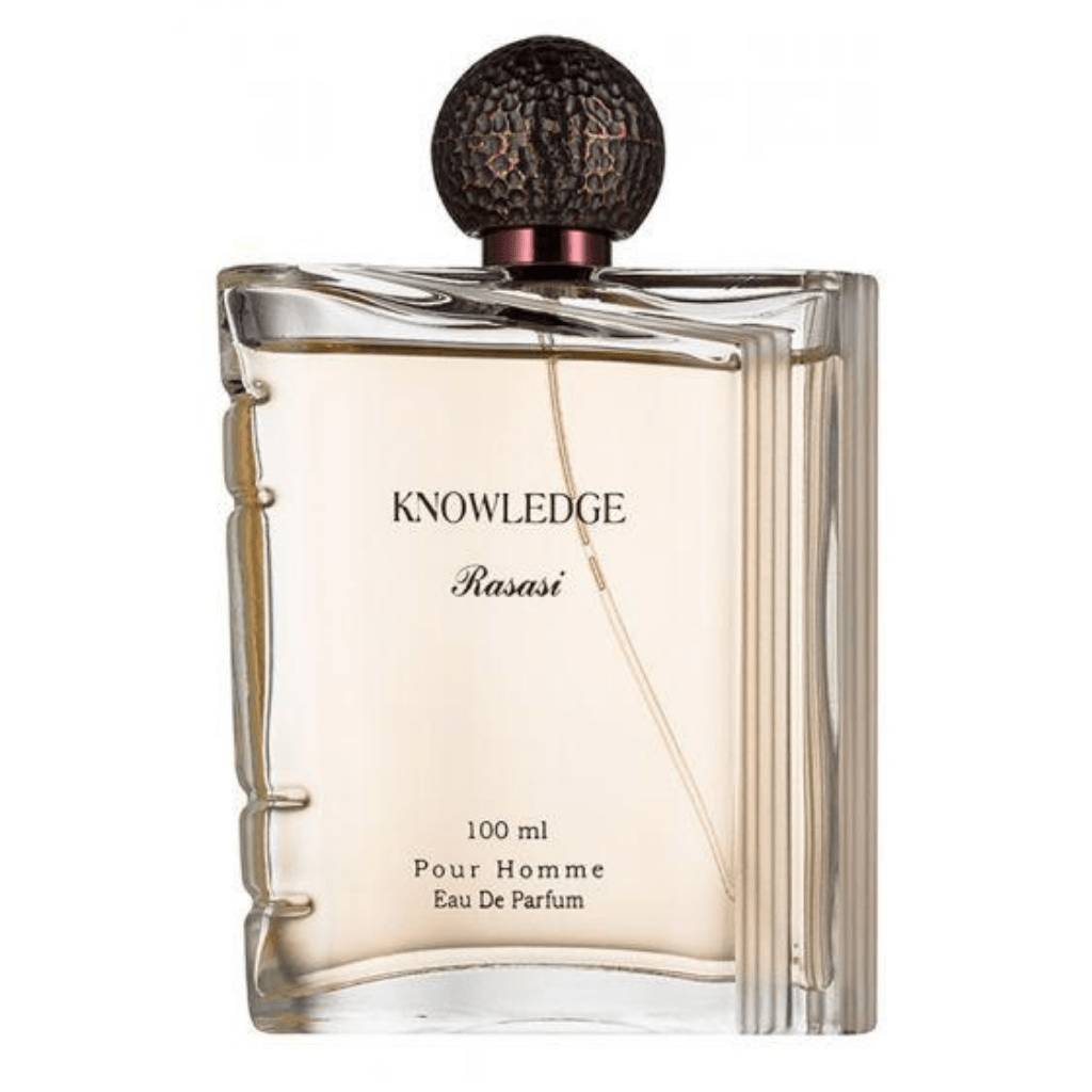 Rasasi Knowledge for Men Eau De Parfum 100ml bottle with velvet pouch, featuring sleek glass design and black cap.