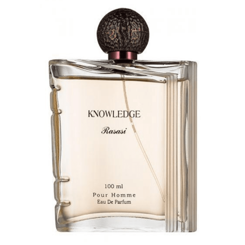 Rasasi Knowledge for Men Eau De Parfum 100ml bottle with velvet pouch, featuring sleek glass design and black cap.