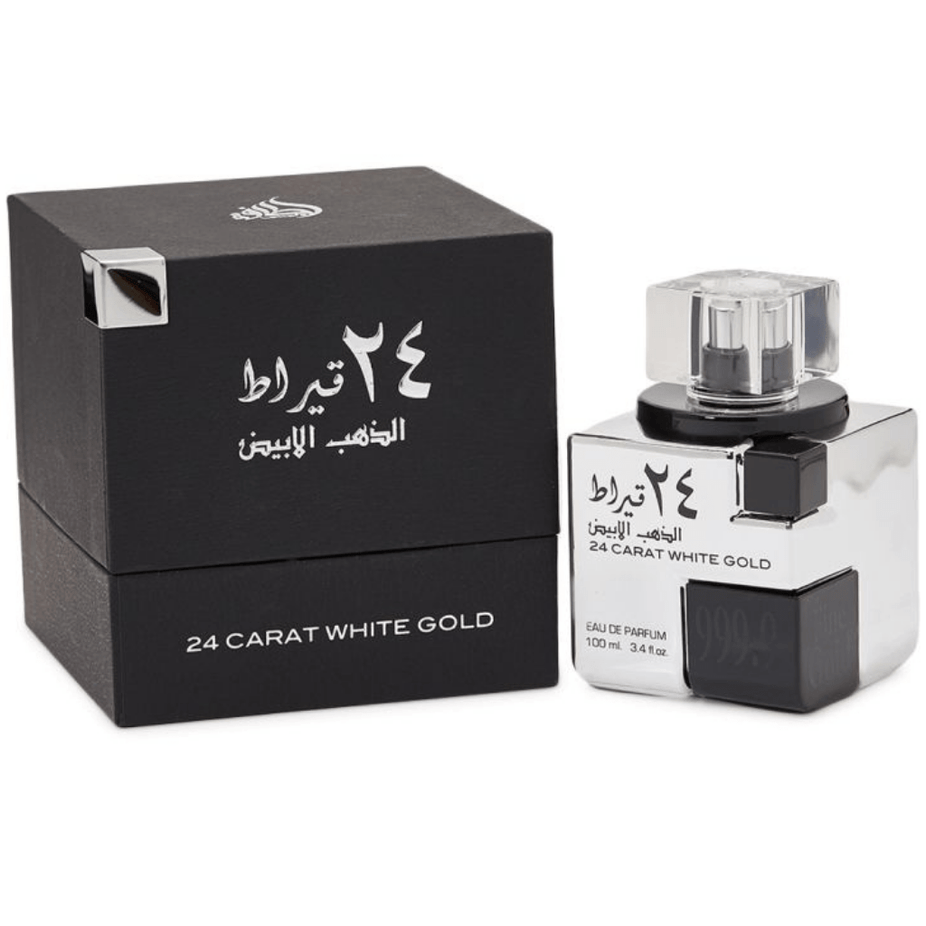 Lattafa 24 Carat White Gold Eau De Parfum 100ML bottle with elegant gold accents and sleek design.