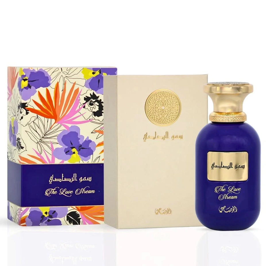 Rasasi Somow Al Rasasi The Love Stream Eau de Parfum spray bottle, 100ml, with elegant packaging and branding.