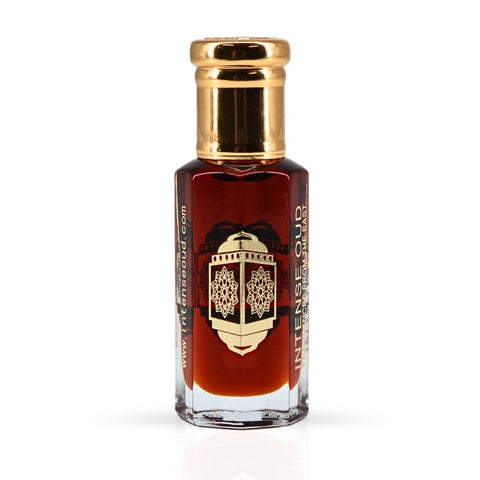 Intense Oud Mukhallat Al Zafran Perfume Oil in a 12ml glass bottle with black gift box, showcasing the luxurious loose oil packaging.