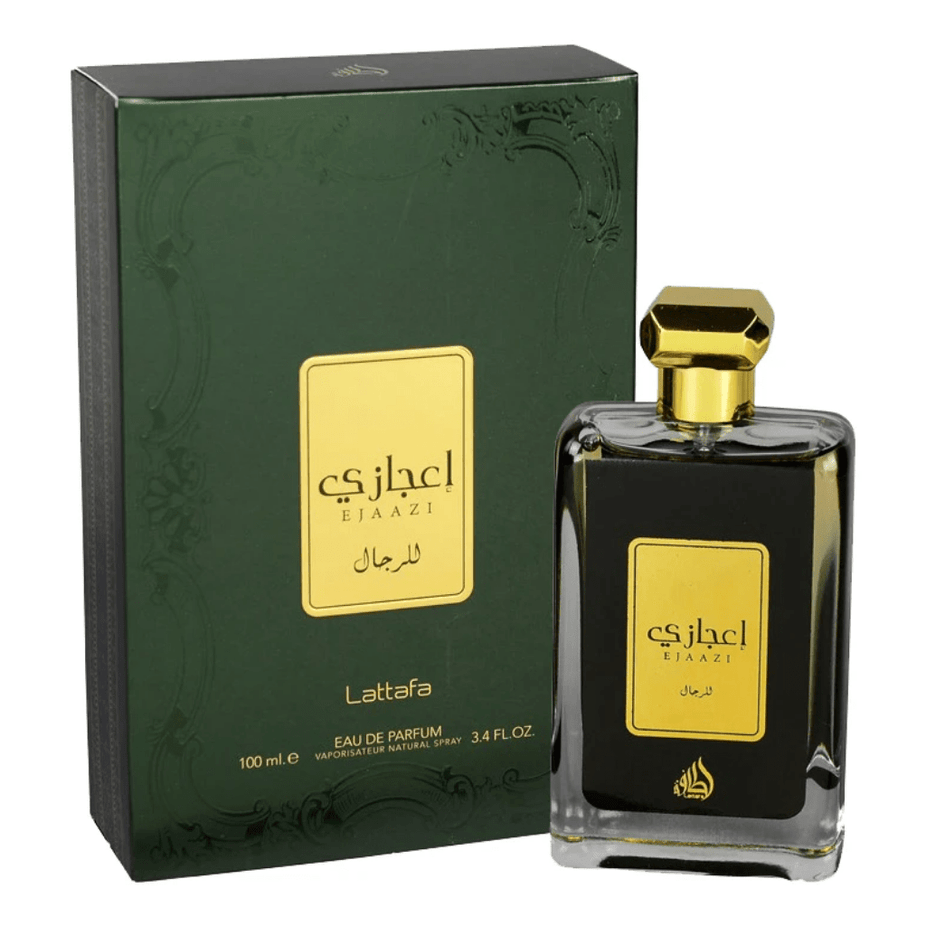 Lattafa Ejaazi Eau De Parfum spray 100ml bottle, elegant design, showcasing the fragrance for men and women.