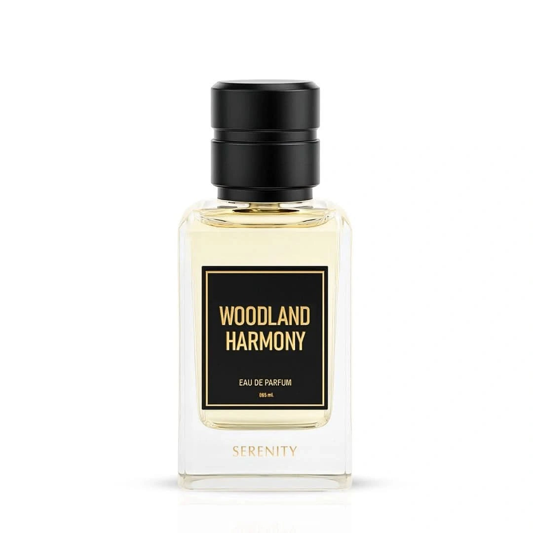 Serenity Woodland Harmony Eau de Parfum spray 65ml bottle with floral and woody design, elegant packaging, and fragrance details.